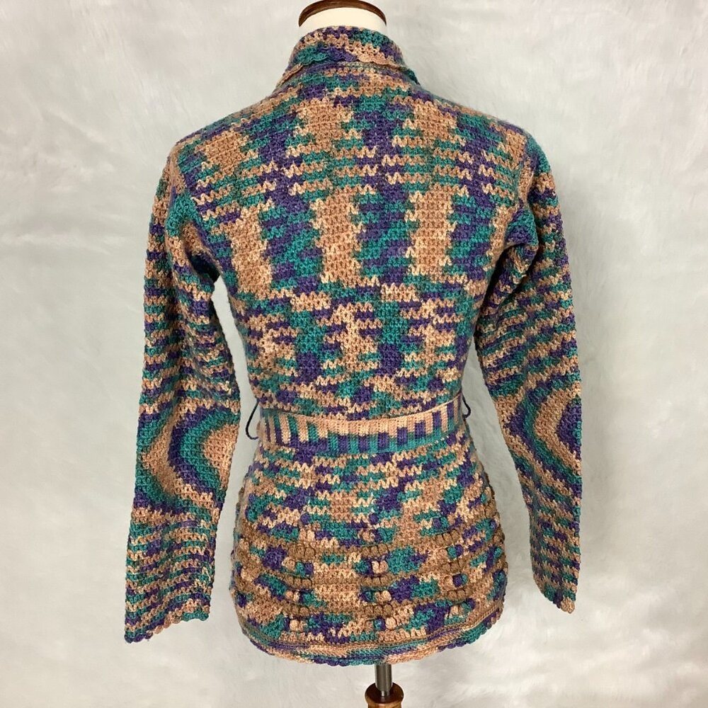 Vintage 70s Tan, Green Blue & Purple Belted Crochet Cardigan Sweater S - Picture 5 of 6